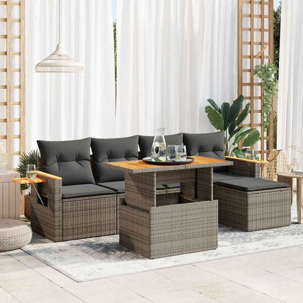 vidaXL Salon de jardin avec coussins 6 pcs gris r&eacute;sine tress&eacute;e acacia