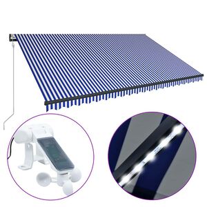 vidaXL Auvent avec capteur de vent et LED 500x300 cm Bleu et blanc