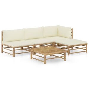 vidaXL Salon de jardin 5 pcs avec coussins blanc cr&egrave;me bambou
