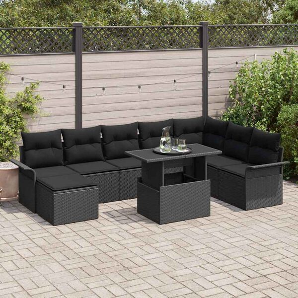 vidaXL Ensemble de canap&eacute; de jardin avec coussin 9 pcs Noir polyrotin