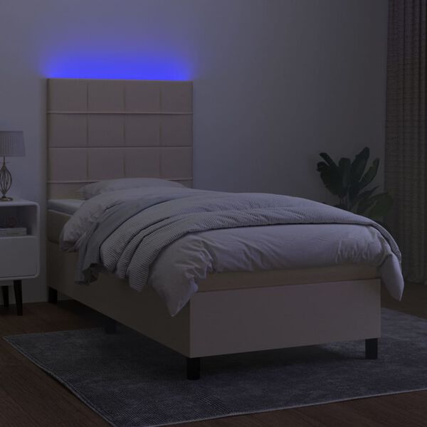 vidaXL Sommier &agrave; lattes de lit et matelas et LED Cr&egrave;me 90x200 cm Tissu