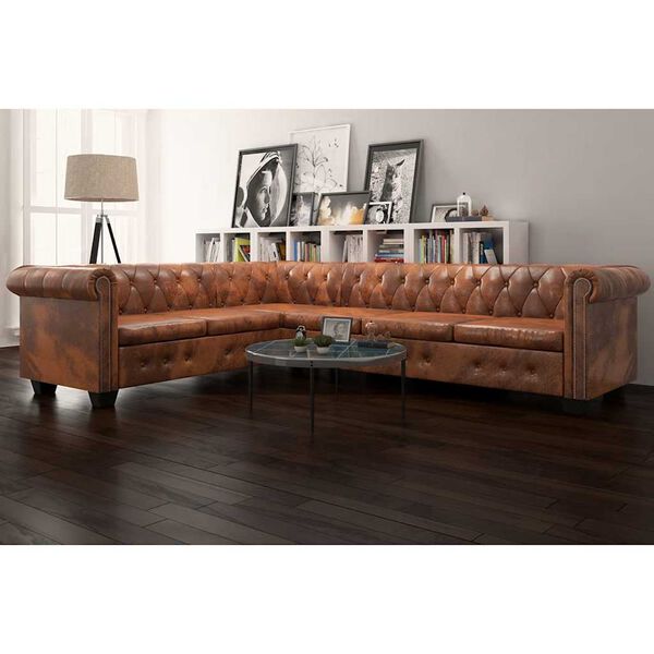 vidaXL Canap&eacute; d'angle Chesterfield 6 Places Cuir artificiel Marron