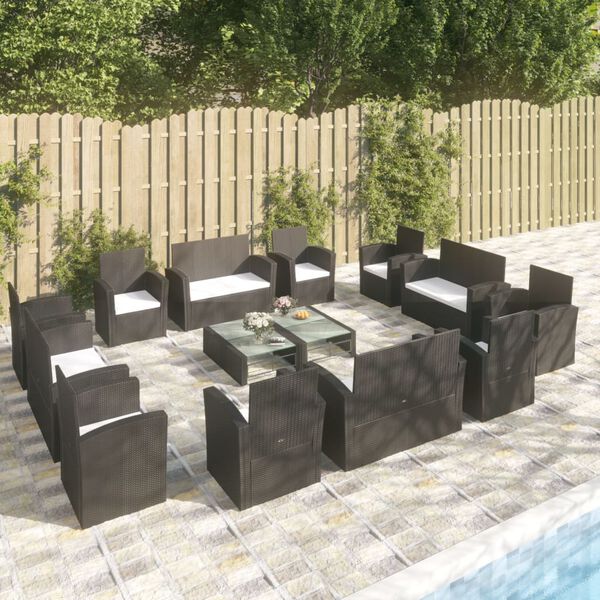 vidaXL Salon de jardin 16 pcs avec coussins R&eacute;sine tress&eacute;e Noir