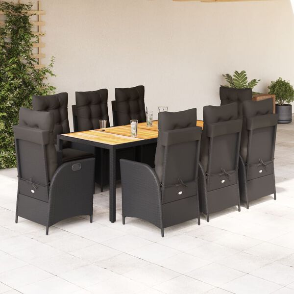 vidaXL Ensemble &agrave; manger de jardin 9pcs coussins noir r&eacute;sine tress&eacute;e