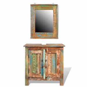 Ensemble meuble sous vasque et miroir en bois massif recycl&eacute;