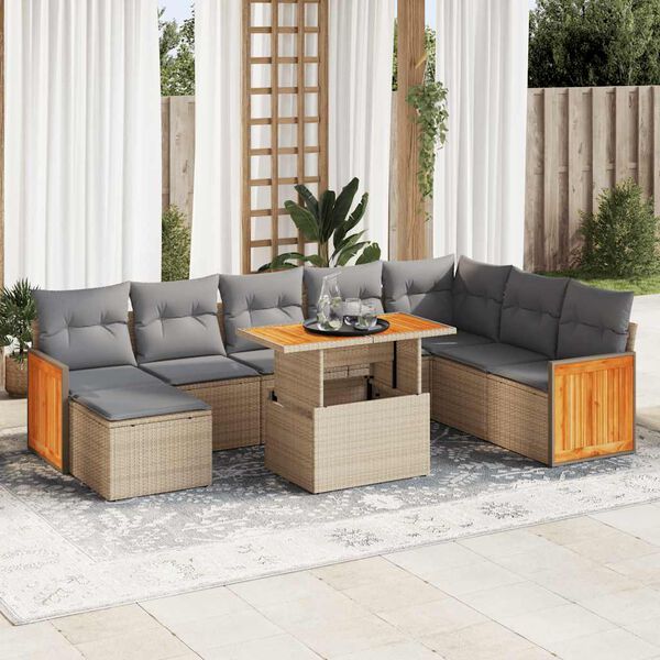 vidaXL Salon de jardin avec coussins 9 pcs beige r&eacute;sine tress&eacute;e acacia