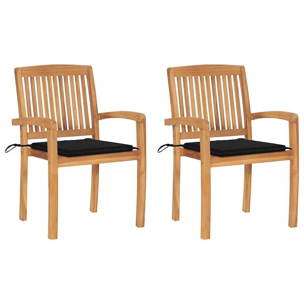 vidaXL Chaises de jardin lot de 2 et coussins noir Bois de teck massif