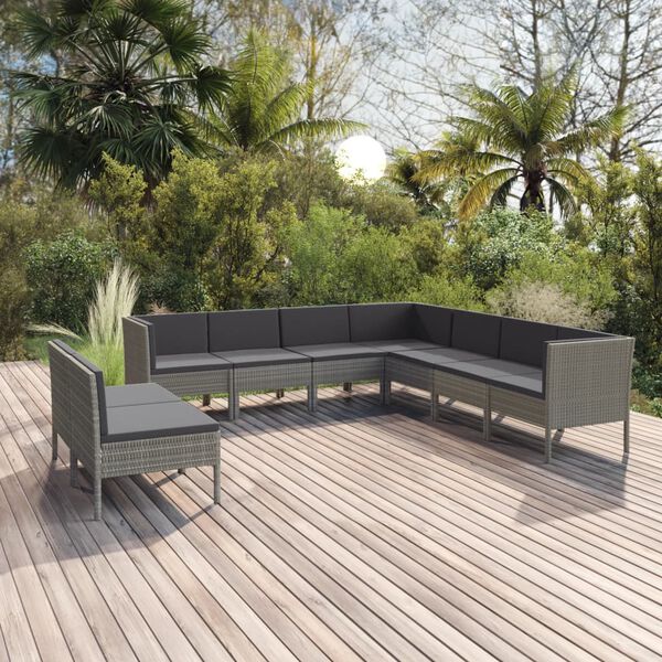 vidaXL Salon de jardin 9 pcs avec coussins R&eacute;sine tress&eacute;e Gris