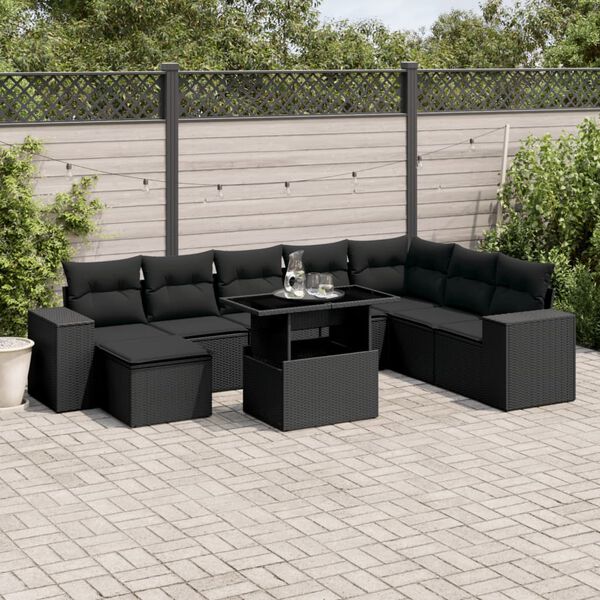 vidaXL Salon de jardin 9 pcs avec coussins noir r&eacute;sine tress&eacute;e