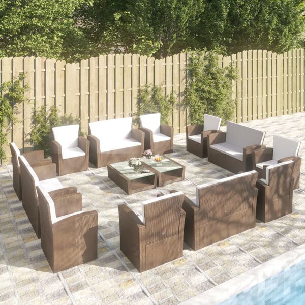 vidaXL Salon de jardin 16 pcs avec coussins R&eacute;sine tress&eacute;e Marron