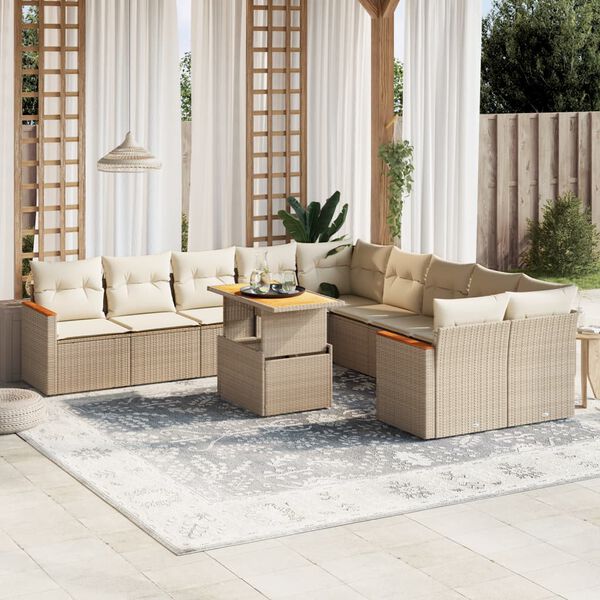 vidaXL Salon de jardin 11 pcs avec coussins beige r&eacute;sine tress&eacute;e