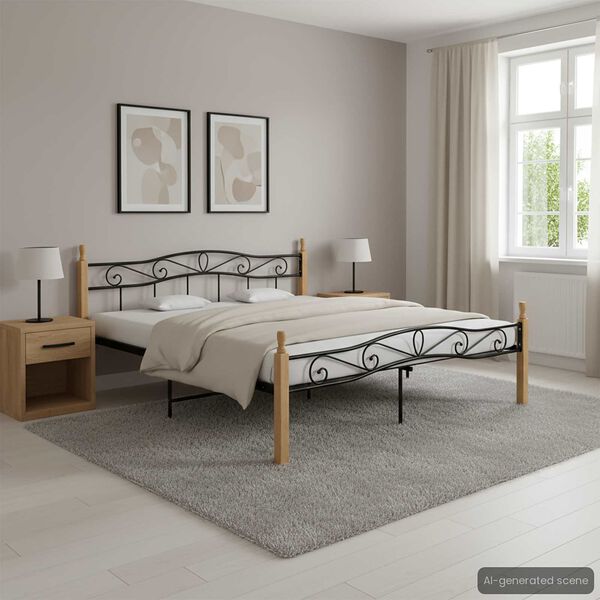 vidaXL Cadre de lit sans matelas noir m&eacute;tal bois ch&ecirc;ne 200x200 cm