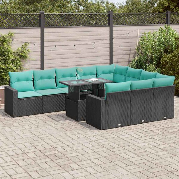 vidaXL Salon de jardin et coussins 11 pcs noir r&eacute;sine tress&eacute;e acacia