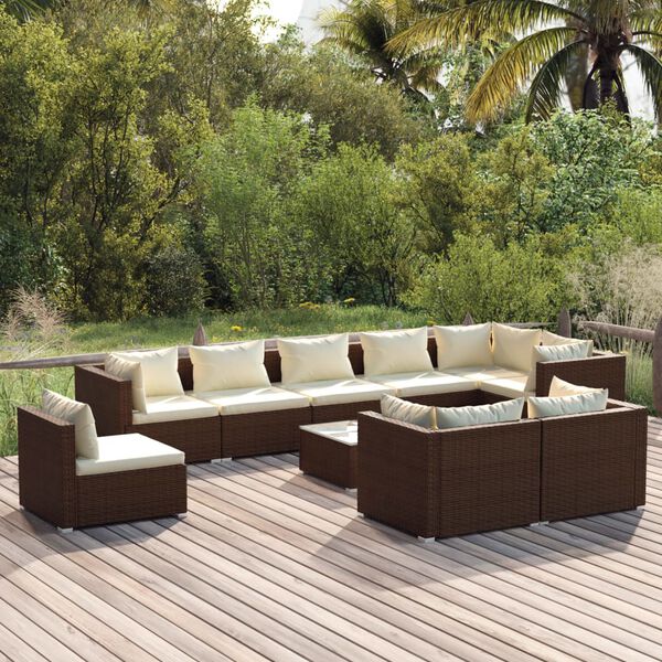vidaXL Salon de jardin 10 pcs avec coussins R&eacute;sine tress&eacute;e Marron