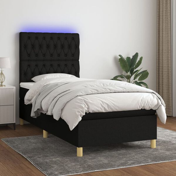 vidaXL Sommier &agrave; lattes de lit et matelas et LED Noir 90x200 cm Tissu