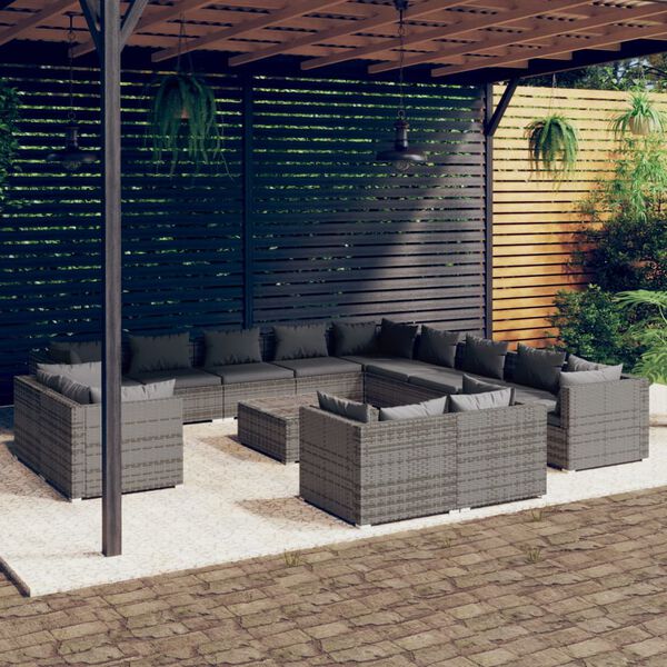 vidaXL Salon de jardin 14 pcs avec coussins Gris R&eacute;sine tress&eacute;e