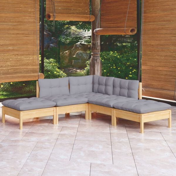 vidaXL Salon de jardin 5 pcs avec coussins gris bois de pin