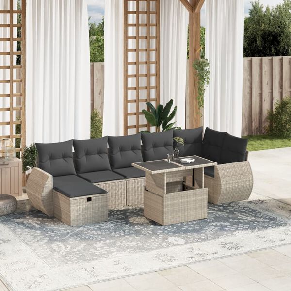vidaXL Salon de jardin 8 pcs avec coussins gris clair r&eacute;sine tress&eacute;e