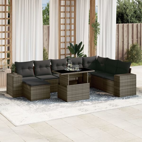 vidaXL Salon de jardin 9 pcs avec coussins gris r&eacute;sine tress&eacute;e