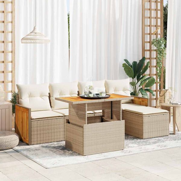vidaXL Salon de jardin 6 pcs avec coussins beige r&eacute;sine tress&eacute;e acacia