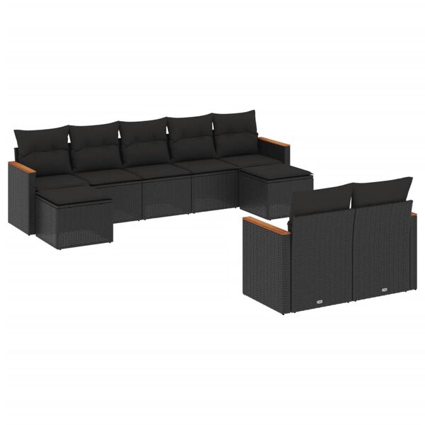 vidaXL Salon de jardin 9 pcs avec coussins noir résine tressée
