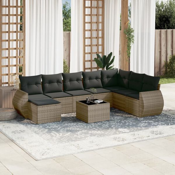 vidaXL Salon de jardin 9 pcs avec coussins gris r&eacute;sine tress&eacute;e