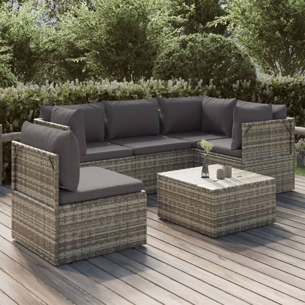 vidaXL Salon de jardin 6 pcs avec coussins Gris R&eacute;sine tress&eacute;e