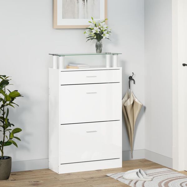 vidaXL Armoire &agrave; chaussure Blanc brillant 63x24x104 cm Bois ing&eacute;nierie