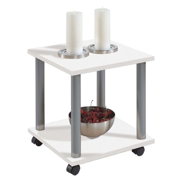 FMD Table d'appoint avec roues pivotantes Blanc