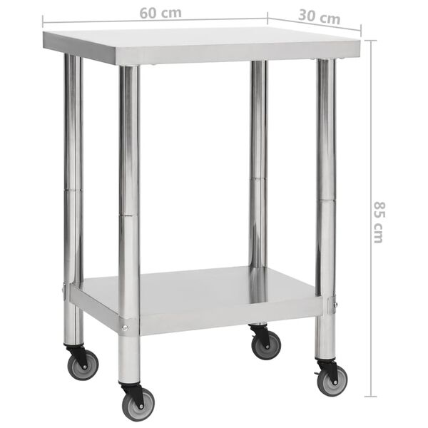 vidaXL Table de travail de cuisine avec roues 60x30x85 cm Inox