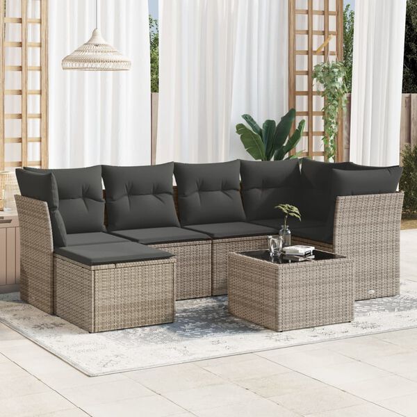 vidaXL Salon de jardin avec coussins 7 pcs gris r&eacute;sine tress&eacute;e