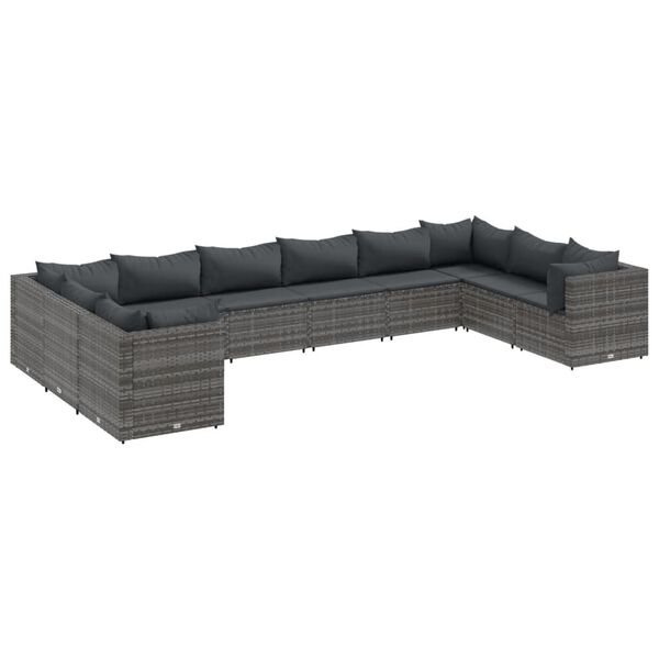 vidaXL Salon de jardin 10 pcs avec coussins Gris R&eacute;sine tress&eacute;e