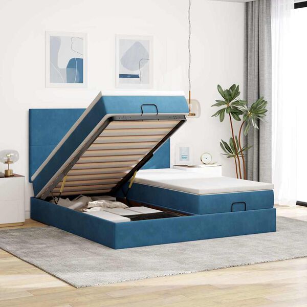 vidaXL Cadre de lit ottoman avec matelas bleu fonc&eacute; 200x200 cm velours
