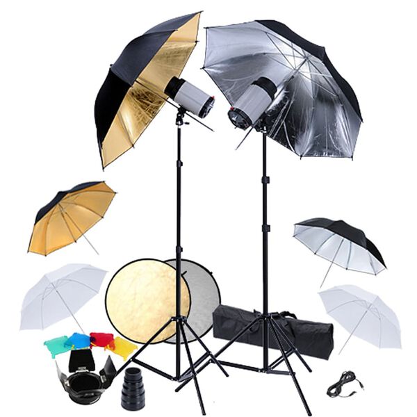 Kit Photo 2 Flashes 6 parapluies r&eacute;flecteur & accessoires