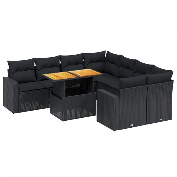 vidaXL Salon de jardin 9 pcs avec coussins noir r&eacute;sine tress&eacute;e