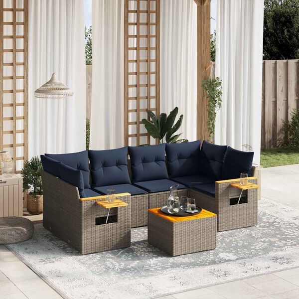 vidaXL Salon de jardin 7 pcs avec coussins gris r&eacute;sine tress&eacute;e