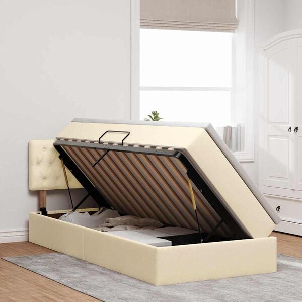 vidaXL Lit avec rangement et LED avec matelas Cr&egrave;me 90 x 190 cm tissu