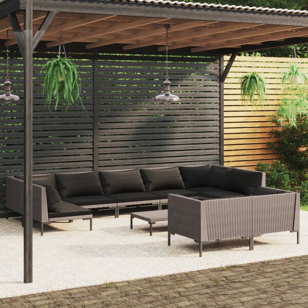 vidaXL Salon de jardin 10 pcs avec coussins Résine tressée Gris foncé