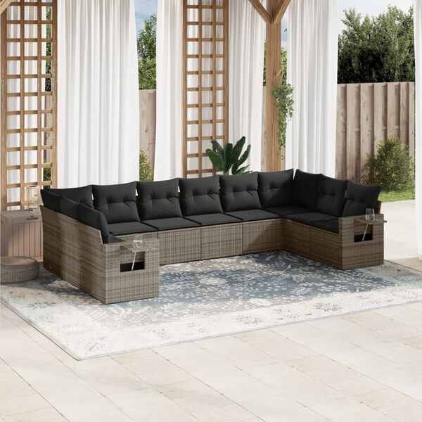 vidaXL Salon de jardin avec coussins 10 pcs gris r&eacute;sine tress&eacute;e