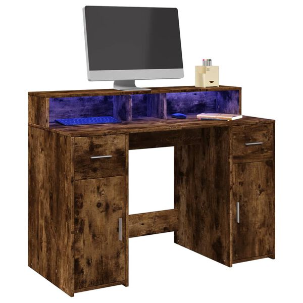 vidaXL Bureau et lumières LED chêne fumé 120x55x91cm bois d'ingénierie