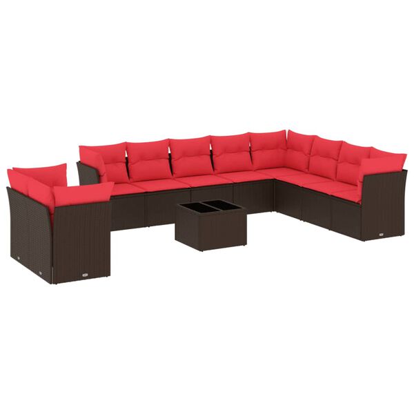 vidaXL Salon de jardin et coussins 11 pcs marron résine tressée