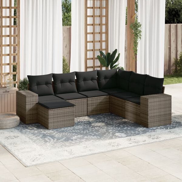 vidaXL Salon de jardin avec coussins 7 pcs gris r&eacute;sine tress&eacute;e