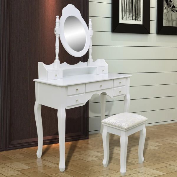 Coiffeuse Blanche Avec Miroirs Et 7 Tiroirs - Table De Maquillage En MDF 90x40cm - Tabouret Inclus - Pour Femme Et Enfant