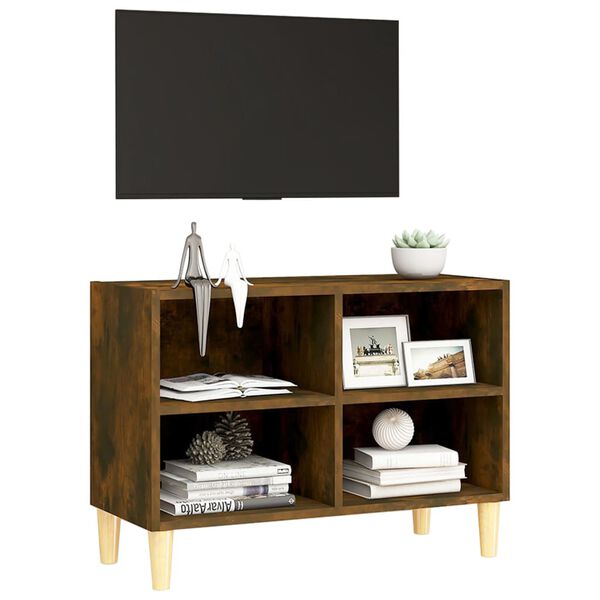 vidaXL Meuble TV avec pieds en bois massif Chêne fumé 69,5x30x50 cm