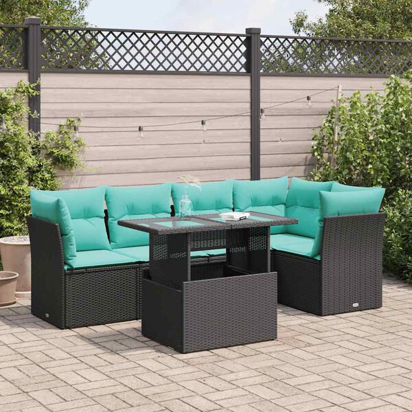 vidaXL Salon de jardin 6 pcs avec coussins noir r&eacute;sine tress&eacute;e acacia