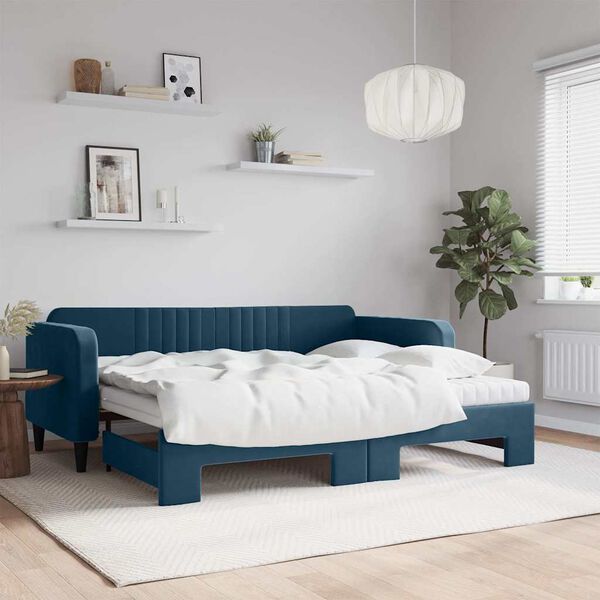 vidaXL Lit de jour avec lit gigogne et matelas bleu 90x200 cm velours