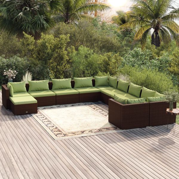 vidaXL Salon de jardin 11 pcs avec coussins R&eacute;sine tress&eacute;e Marron