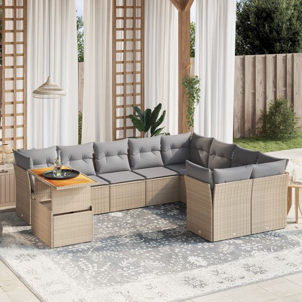 vidaXL Salon de jardin avec coussins 10 pcs beige résine tressée