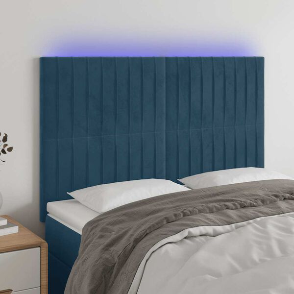 vidaXL T&ecirc;te de lit &agrave; LED Bleu fonc&eacute; 144x5x118/128 cm Velours