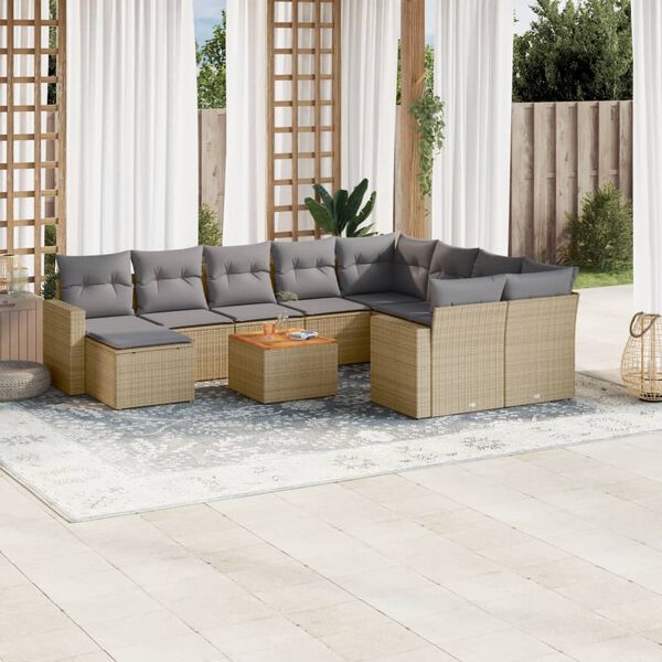 vidaXL Salon de jardin 11 pcs avec coussins beige r&eacute;sine tress&eacute;e